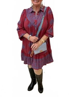 Easel Border Print Dress - Red