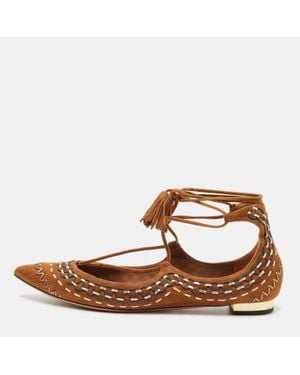 Aquazzura Suede Ankle Wrap Ballet Flats - Brown
