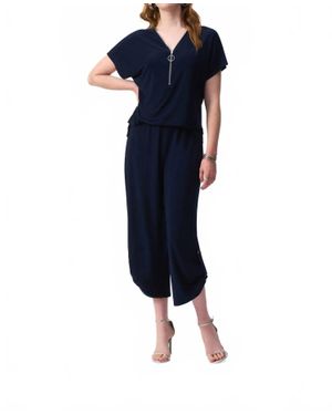 Joseph Ribkoff V-Neck Zip Front Cropped Jumpsuit - Blue