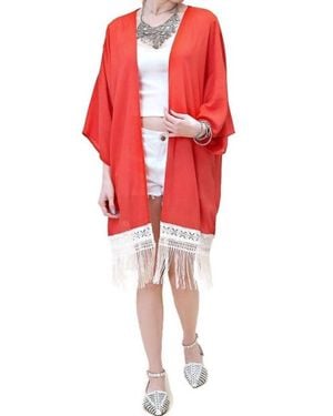 Kori Bohemian Crochet & Fringe Kimono Jacket - Red