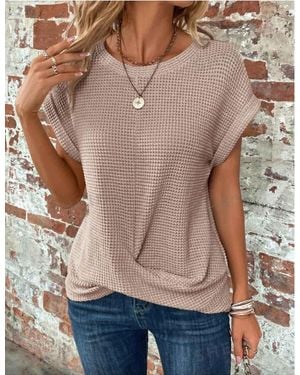 TRUEDAMES Batwing Sleeve Twist Hem Waffle Knit Tee - Brown