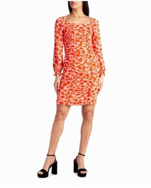 Nicole Miller Ivy Chiffon Ruched Square Neck Dress - Orange