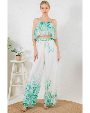 TRUEDAMES Printed Crop Top & Wide Leg Long Pants Set - Green