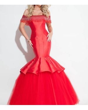 Rachel Allan Beaded Mikado Prom Gown With Soft Tulle - Red