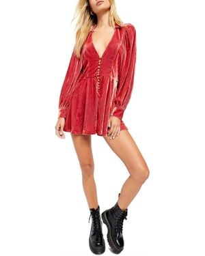 Free People Carnaby Velvet Puff Sleeve Romper - Red