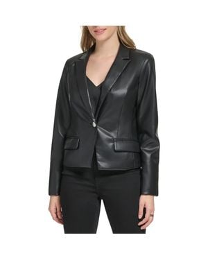 Calvin Klein Faux Leather Dressy One-Button Blazer - Black