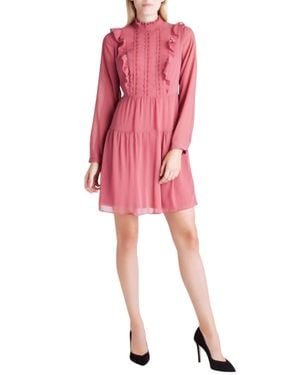 Kensie Crinkle Chiffon Long Sleeve Ruffle Front Mock Neck Dress - Pink