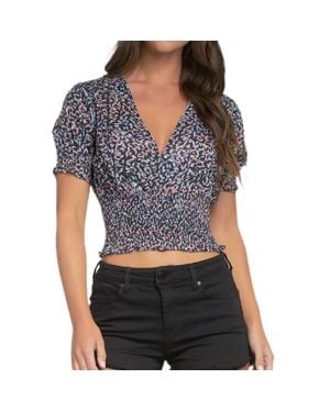 Elan Floral V-Neck Blouse - Blue