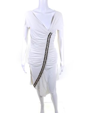 Roberto Cavalli Jeweled Ruched V Neck Dress - White