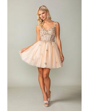 DQ Embellished Bodice Tulle Dress With Crystal Accents And Spaghetti Straps Homecoming Dress - Gray