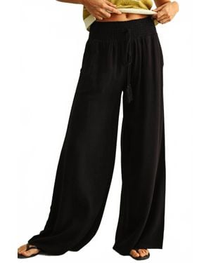 Miou Muse Cotton Linen Smocked Waist Pants With Tassel - Black