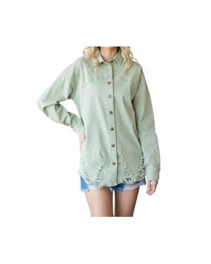 Veveret Distressed Button Down Shacket - Green