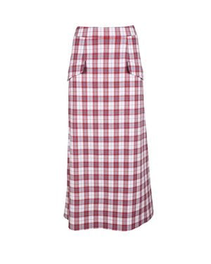 L'Autre Chose Classic Plaid Midi Skirt With Flap Pockets - Red
