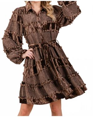 Geegee Velvet Grid Pom-Pom Dress - Brown