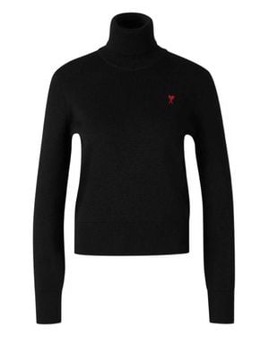 Ami Paris Fitted Turtleneck Sweater With Embroidered Heart Detail - Black