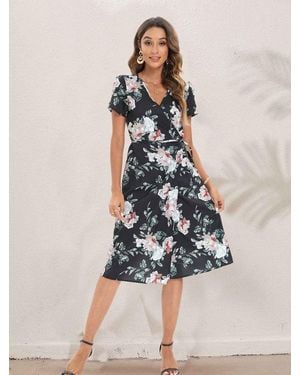 TRUEDAMES Vacation Wind Ins Vintage Long Dress Small Floral Beach Summer Dress V Neck - Black
