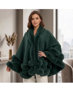 TRUEDAMES Elegant Faux Fur Trim Wrap Cape Coat Poncho - Green