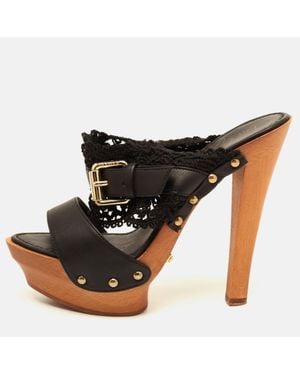 Le Silla Leather And Lace Wooden Platform Slide Sandals - Black