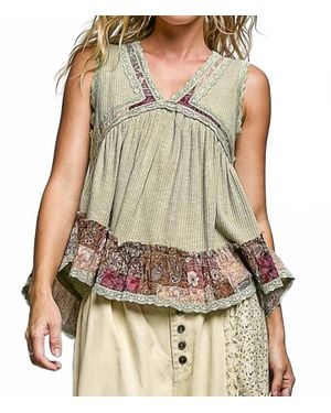 Pol Rib Cami Floral Trim Top - Green
