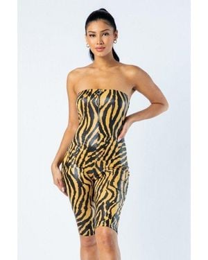 TRUEDAMES Zebra Print Tube Romper With Front O Ring Zipper Detail - Metallic