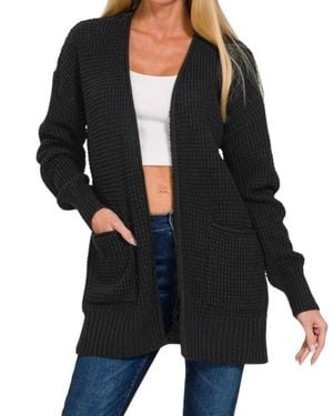Zenana Selena Waffle Knit Open Front Cardigan - Black