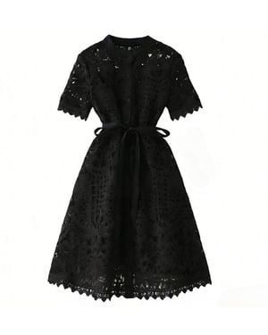TRUEDAMES Hollow-Out Elegant Mandarin Collar Dress Long Sleeve Lace Midi, Short Sleeve Button-Front Tie-Waist Gown - Black