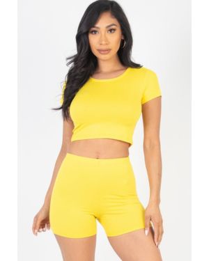 TRUEDAMES Fashnzfab Short Sleeve Crop Top & Shorts Set - Yellow