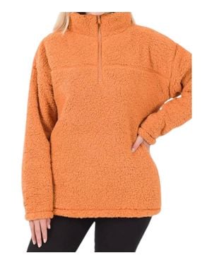 Zenana Soft Sherpa Half Zip Pullover With Pockets - Orange