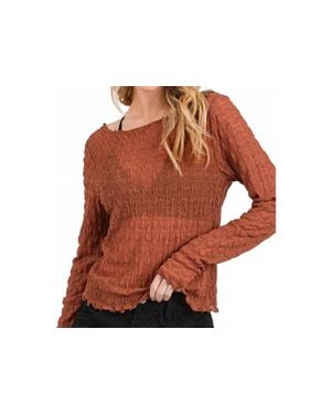 Mittoshop Textured Sheer Stretchy Boat Neck Long Sleeve Top - Brown