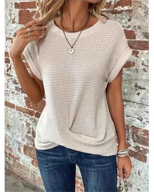 TRUEDAMES Batwing Sleeve Twist Hem Waffle Knit Tee - Natural