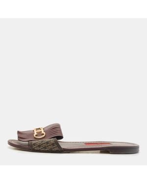 Carolina Herrera Signature Canvas And Leather Lock Flat Slides - Brown