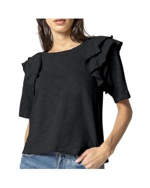 Lilla P Elbow Sleeve Ruffle Crewneck Top - Black