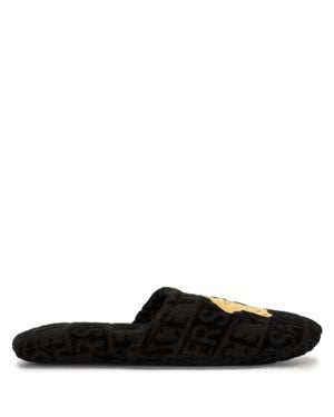 Versace Embroidered Medusa Terricloth Slippers - Black