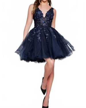 Jovani Fit And Flare Floral Applique Dress - Blue