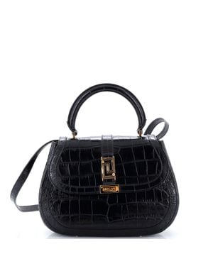 Versace Greca Goddess Top Handle Bag Crocodile Embossed Leather Medium - Black