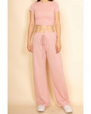 TRUEDAMES 2-Piece Crop Tee & Wide Leg Lounge Pants Set - Pink