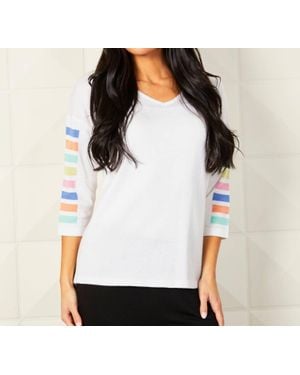 Angel 3/4 Sleeve Stripe V Neck Top - White