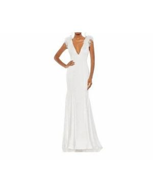 Mac Duggal Satin Feather Shoulder V-Neck Gown - White