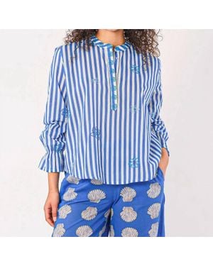 Nimo With Love Flower Embroidery Broom Stripe Blouse - Blue