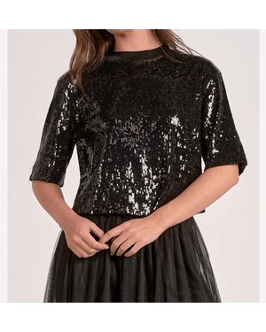 Elan Quarter Sleeve Sequin Top - Black