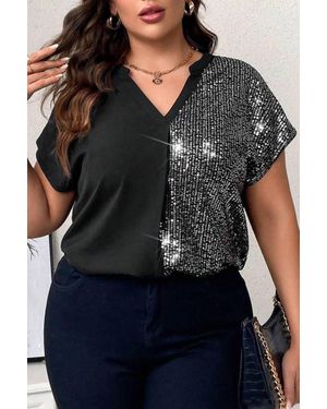 Pretty Bash Sequin Patchwork V-Neck Plus Size - Black