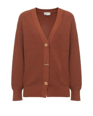 Elisabetta Franchi V-Neck Ribbed Sweater With T-Decoration - Brown