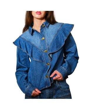 Blue B Diagonal Ruffled Long Sleeves Denim Jacket - Blue