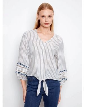 Charlie b Yarn Dye Stripe V-Neck Tie Front Blouse With Embroidery - White