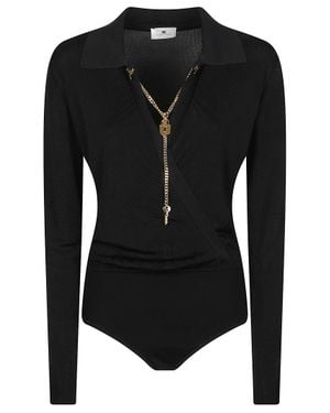 Elisabetta Franchi Long-Sleeve Chain Detail Viscose V-Neck Bodysuit - Black