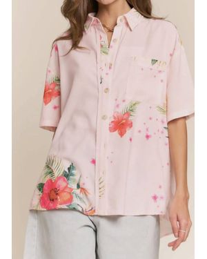 J.Nna Tropical Floral Button Down Short Sleeve Top - Pink