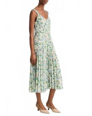 Vince Painted Garden V-Neck Pleated Dress - Green