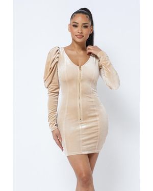 TRUEDAMES Soft Velvet Pleated Puff Sleeve Low V Neck Front And Back Mini Dress - Natural