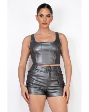 TRUEDAMES Faux Leather Square Zippered Crop Top - Gray
