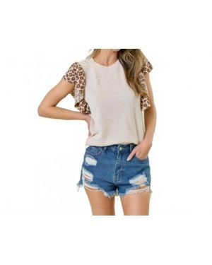 Lovely Melody Ribbed Leopard Flutter Sleeve Top - Blue